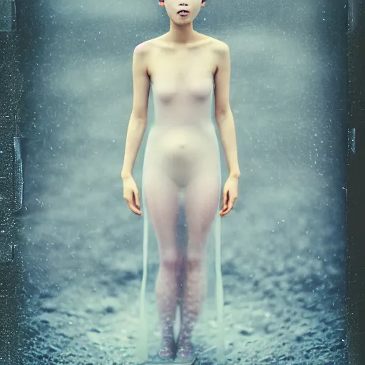 Prompt: a instax photo of fuji mountain, a tall japanese girl in a transparent sheer fabric dress against the background of fuji mountain, perfect faces, fine details, severe snow, full body shot, perfect symmetrical body, coherent symmetrical eyes, by peter kemp, by monia merlo, hyperrealistic, hyperdetailed, octane render, 8 k