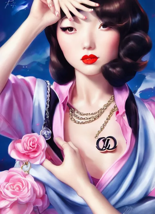 Image similar to a pin up and beautiful fashion dreamlke japan girl with lv jewelry, character art, art by artgerm, wlop, loish, hyperdetailed, 8 k realistic, symmetrical, global illumination, radiant light, frostbite 3 engine, cryengine, dof, trending on artstation, digital art, chanel, dior, detailed background