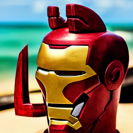 Image similar to a closeup photorealistic photograph of an iron man style tiki mug at a trader vic's beach bar featuring the face of iron man. tiki party. bright scene. fine detail. this 4 k hd image is trending on artstation, featured on behance, well - rendered, extra crisp, features intricate detail, epic composition and the style of unreal engine.