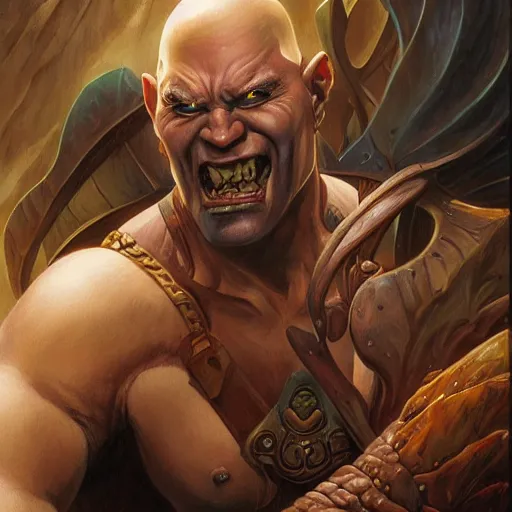 Image similar to a fantasy comic book style portrait painting of a bald half - orc male warrior, art by artgerm, boris vallejo, karol bak, mark brooks, donato giancola, bayard wu, 4 k, hires, focus