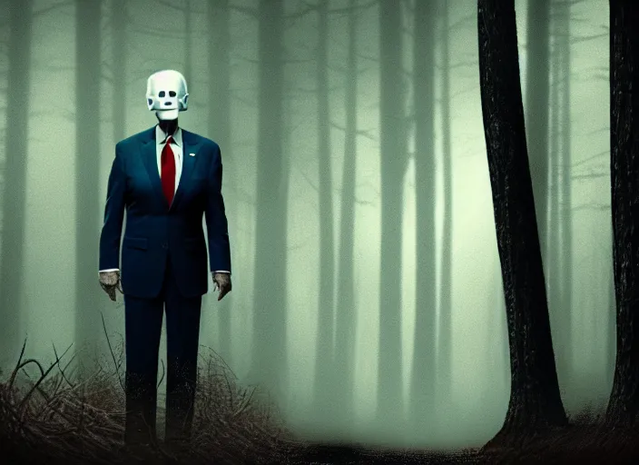 Image similar to joe biden as slenderman in forest, creepy joe biden, tall trees, night, creepy, horror, movie still, dark, haunted, cinematic lighting, ray tracing, octane render, long lens, shallow depth of field, bokeh, anamorphic lens flare, 8 k, hyper detailed, 3 5 mm film grain