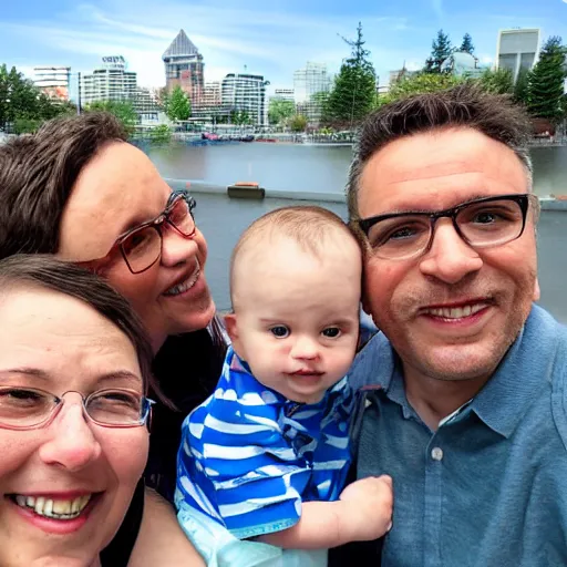 Image similar to family travel photo selfie taken at portland, oregon's waterfront park.