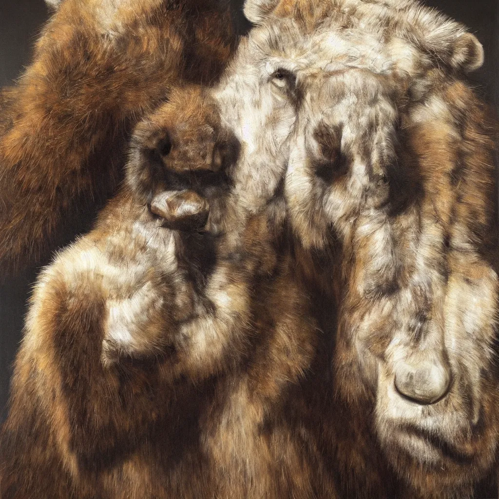 Prompt: rare hyper realistic painting by rembrandt, studio lighting, a giant zebra polar bear taking a selfie covered in chocolate slime, real fur, real feather, real hair, real skin