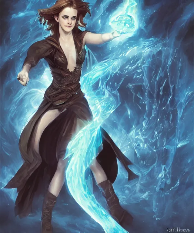 Image similar to illustration of emma watson as a ice magician, glowing eyes, trending on artstation, dynamic pose, Magic the Gathering art, art by Ralph Horsley