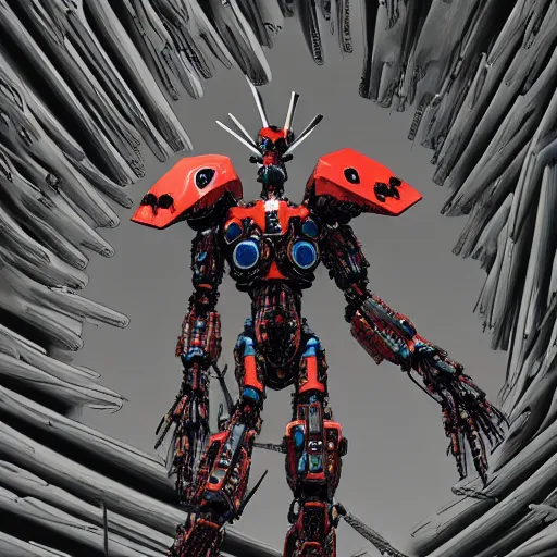 Image similar to spacepunk organic biomech living evangelion giant robot, made of spikes, lovecraftian, fullbody concept, surrounded by dunes, evil