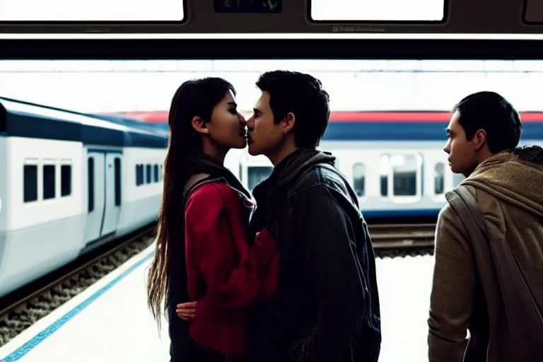 Image similar to vfx movie closeup couple in a train station flat color profile low - key lighting award winning photography cinematography atmospheric cool color - grade