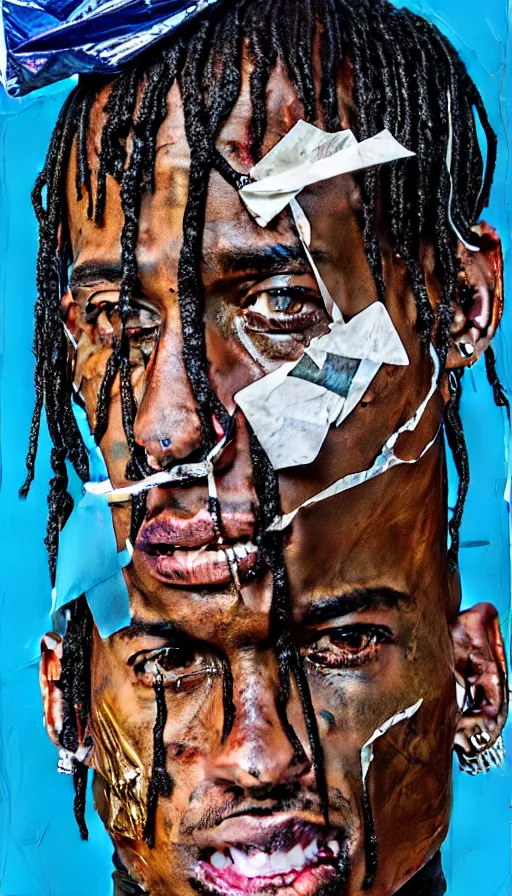 Image similar to rendered in blender travis scott with a trash bag on his head, collage paper and tape, acrylic on canvas, hyperrealism mixed with expressionism, high resolution, cinematic, unreal 6, breathtaking detailed, by blake neubert