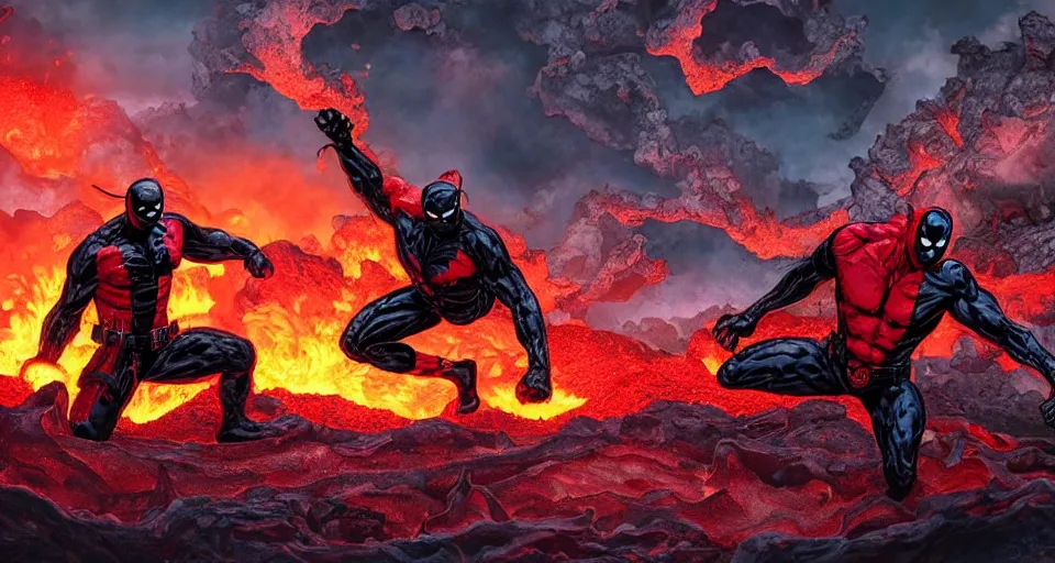 Prompt: Marvel Comics Dead Pool Battles Venom In A Volcanic Lava Pit, bats, sunset, volumetric lighting, hyperrealistic, beautiful details, HDR, octane render, action shot, wide angle, bokeh, Yasushi Niarasawa Moebius Jim Steranko Style