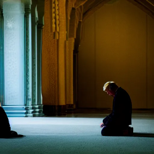 Image similar to Trump praying in mosque, award winning cinematic photography, 50 mm, blurred background, perfect faces