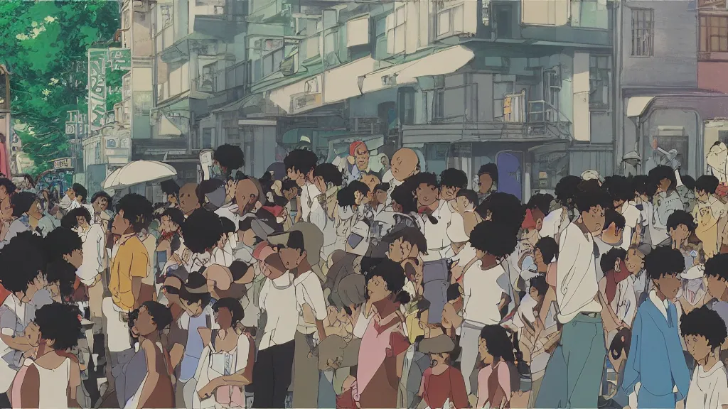 Image similar to a movie still from a studio ghibli film showing a hip hop party in the bronx, new york. by studio ghibli