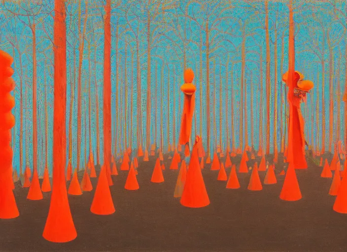 Image similar to a forest with a 5 orange cones scattered about, by surrealist james jean, in the style of francis bacon and edward hopper and beksinski