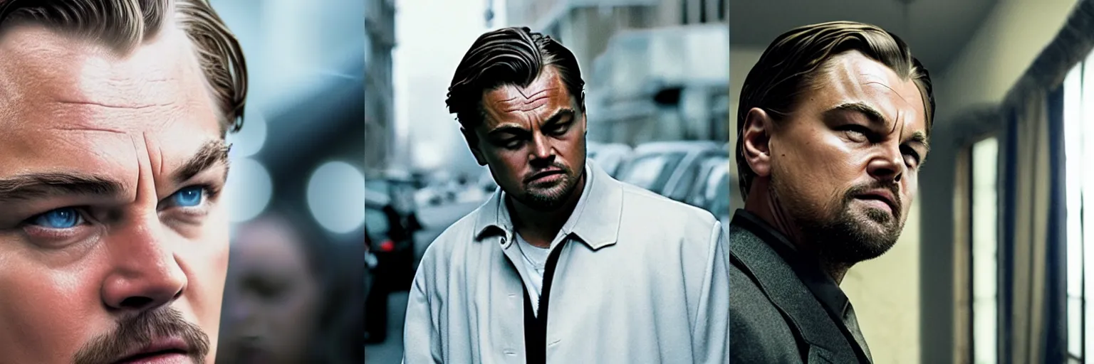 Prompt: close-up of Leonardo DiCaprio as a detective in a movie directed by Christopher Nolan, movie still frame, promotional image, imax 70 mm footage