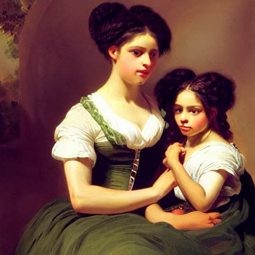 Prompt: beautiful portrait of a black mom braiding her daughter's hair by franz xaver winterhalter