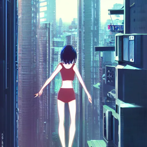 Image similar to a girl stands on top of a multi-storey building, anime style, 4k, cyberpunk city in the background, very detailed, by Ilya Kuvshinov