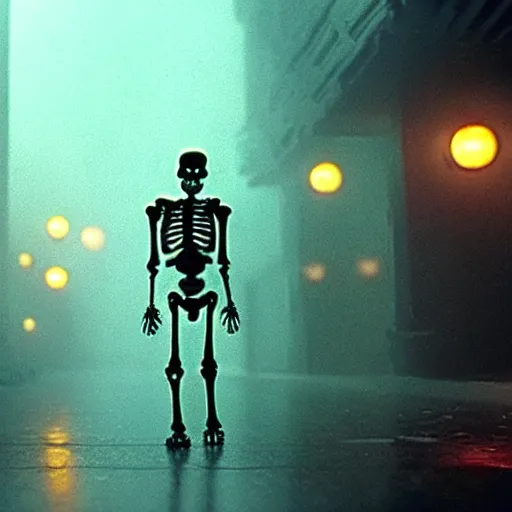 Image similar to a glowing skeleton walking. still from blade runner.