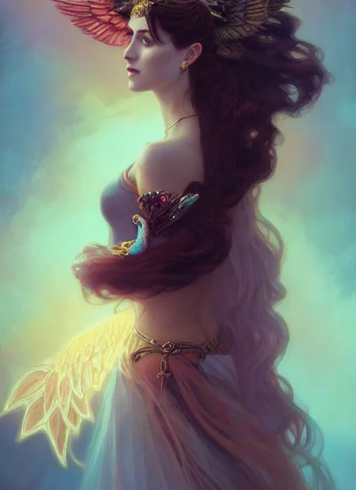 Image similar to ombre velvet gown, beautiful elegant bird woman with wings, portrait, dramatic light on face, long hair, tiara, dozens of jeweled necklaces, by greg rutkowski, brom, anato finnstark, alphonse mucha