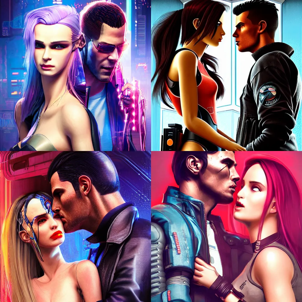 Image similar to a cyberpunk 2077 couple portrait of Cristiano Ronaldo & Barbie doll android final kiss in the night city,love,art by John Collier and Albert Aublet and Krenz Cushart and Artem Demura and Alphonse Mucha,John Wick,Replicas,artstation,deviantart,FAN ART,Digital painting,face enhance,highly detailed,8K,octane,golden ratio,cinematic lighting