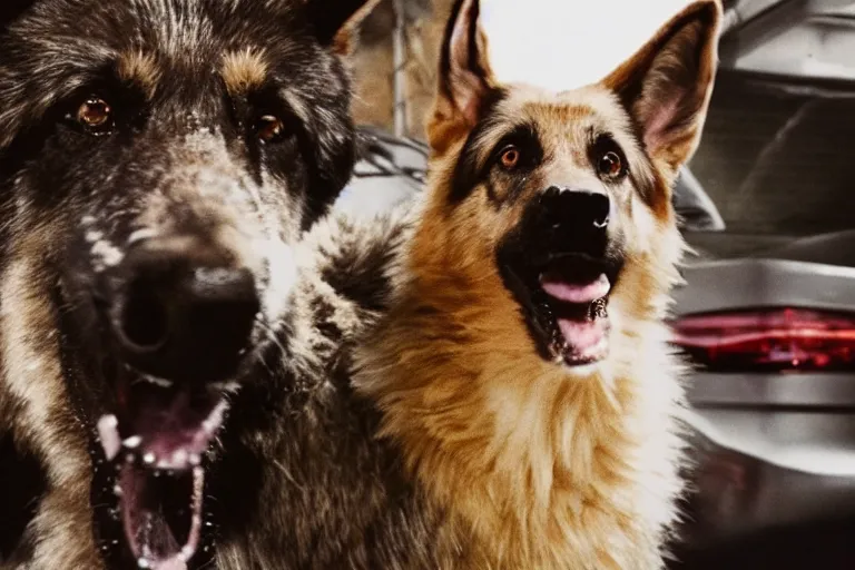 Prompt: film still of furry anthro anthropomorphic german shepard head animal person fursona in a garage in an action movie 2020, 4k