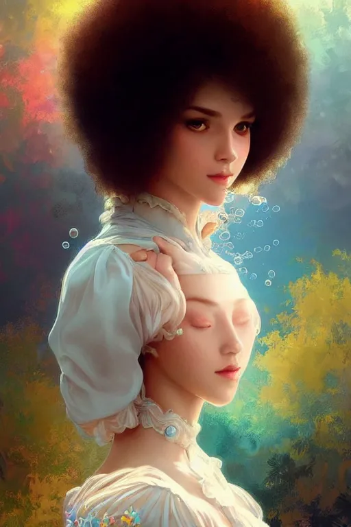 Image similar to bob ross android, dreamy and ethereal, ( colour ) eyes, peaceful expression, ornate frilly dress, fantasy, intricate, elegant, rainbow bubbles, highly detailed, digital painting, artstation, concept art, smooth, sharp focus, illustration, art by artgerm and greg rutkowski and alphonse mucha