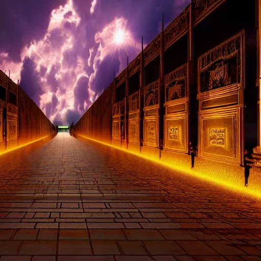 Prompt: l a long path to the gates of heaven with glowing clouds, illuminated background with streets made of gold & architecture made of crystal, photrealism, 4 k.