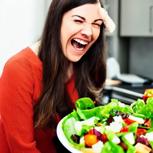 Prompt: Stock photo of woman eating salad and laughing