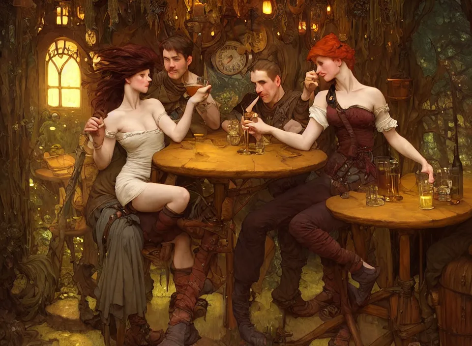 Prompt: a beautiful adventuring drinking couple, dimly-lit cozy tavern, relaxed pose, fantasy art, detailed painterly digital art style by John Collier and Albert Aublet and Krenz Cushart and Artem Demura and Alphonse Mucha, d&d vibe, 🍸, 8k octane beautifully detailed render, post-processing, extremely hyperdetailed, intricate, epic composition, grim yet sparkling atmosphere, cinematic lighting + masterpiece, trending on artstation, very detailed, vibrant colors