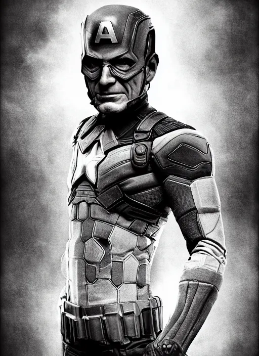 Prompt: full length photo of Bryan Cranston as Captain America by Lee Jeffries, smile, detailed, award winning, Sony a7R