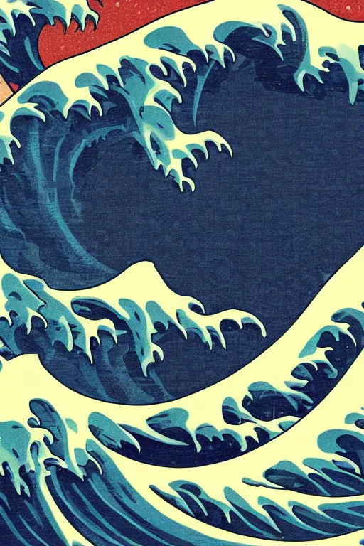 Image similar to The Great Wave off Kanagawa as a Vaporwave poster, synthwave aesthetic, highly detailed, digital painting, artstation, concept art, smooth, sharp focus, illustration