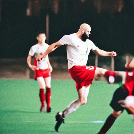 Image similar to photo of kratos god of war playing soccer cinestill, 800t, 35mm, full-HD