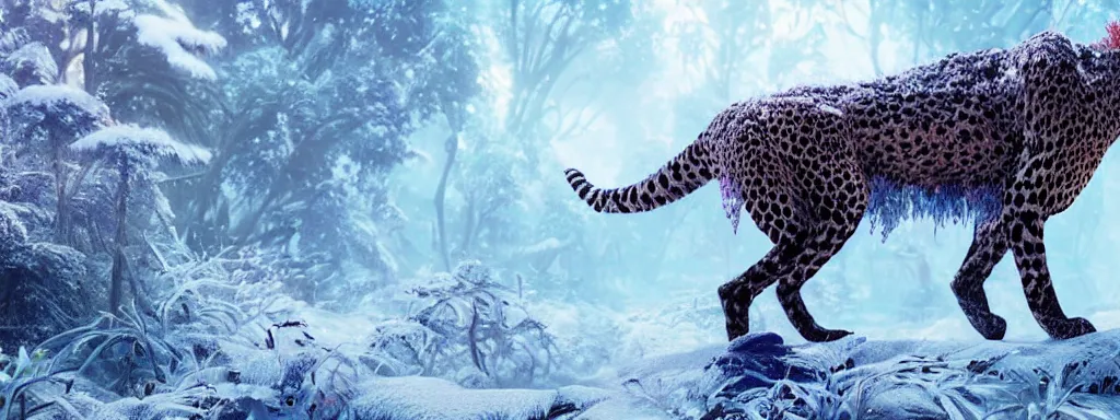 Prompt: large black sabretooth cheetah with shiny blue fish scales skin and silver lightning tail, walking in a dense alien snow covered frosty jungle, with snow covered colourful red, blue and purple plants, large vines, snow covered arched organic rock structures, in the style of monster hunter world, like concept art on artstation, hyperdetailed, vray render, octane render,