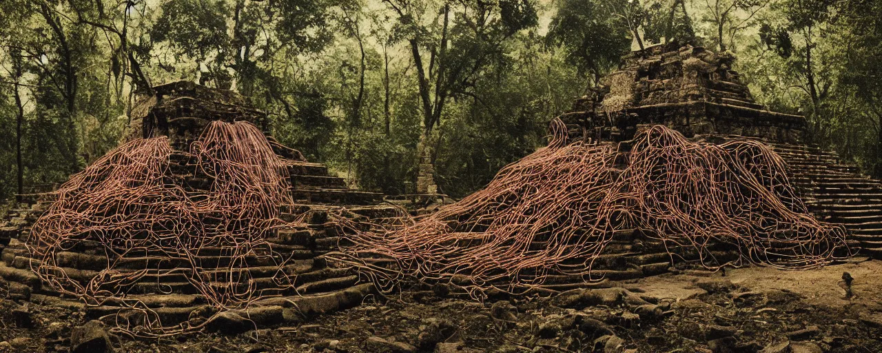 Image similar to an ancient aztec temple in the middle of the forest covered in spaghetti, canon 5 0 mm, cinematic lighting, photography, retro, film, kodachrome