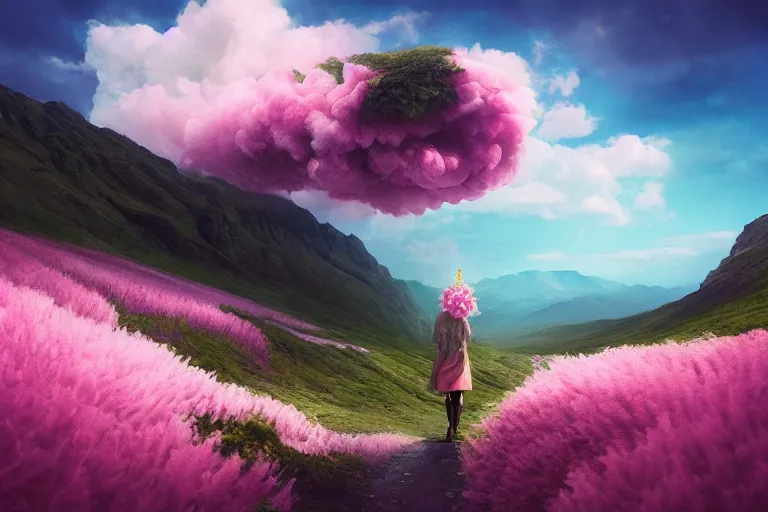 Image similar to giant dahlia flower crown over head, girl walking on mountain, surreal photography, pink storm clouds, dramatic light, impressionist painting, digital painting, artstation, simon stalenhag