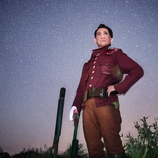 Image similar to Jason Rose as General Ironwood from RWBY, vintage, back to the camera, looking up, night sky