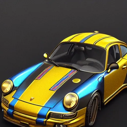 Image similar to black blue yellow porsche 9 1 1, complicated gold and blue flowers the baroque style decoration, dark fantasy, intricate, elegant, highly detailed, digital painting, artstation, concept art, matte, 3 d 8 k octane rendered, sharp focus, illustration, octane rendered, art by artgerm