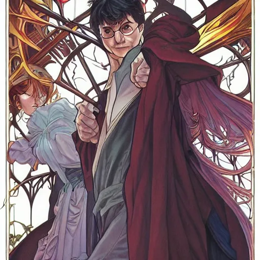 Image similar to harry potter perfect coloring, low saturation, epic composition, masterpiece, bold complimentary colors. stunning masterfully illustrated by artgerm, range murata, alphonse mucha, katsuhiro otomo