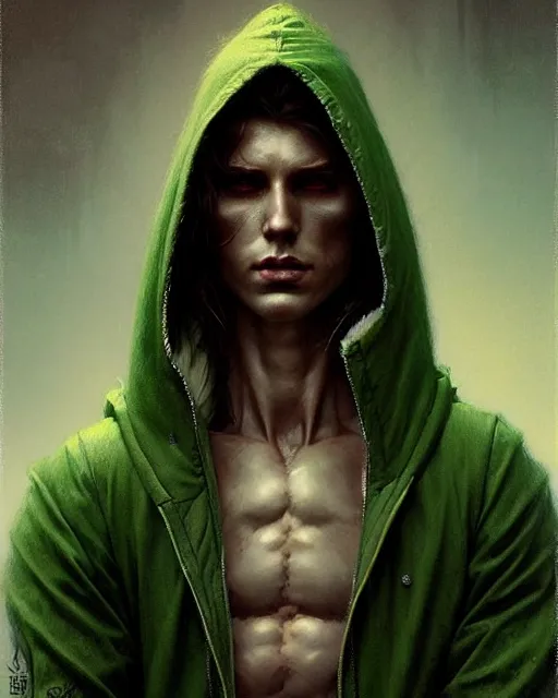 Image similar to portrait Green hooded jacket coat Beefy muscular fit Hunter elf, long-haired By greg rutkowski, tom bagshaw, beksinski