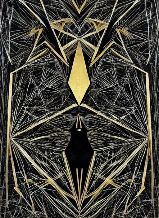 Image similar to black gold silver, crow portrait!!!!!, symmetrical, award - winning painting, abstract, gold and silver shapes, rectangles, geometry, elegant, luxurious, beautiful, pitch black background, dali