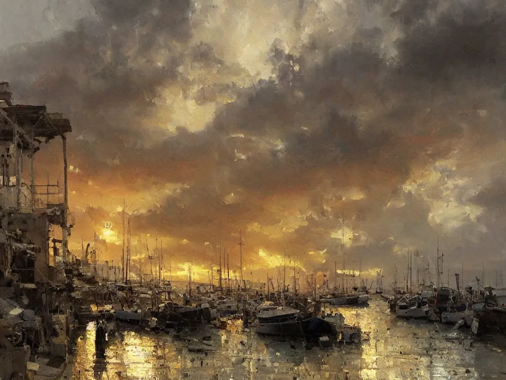 Prompt: a detailed, precise oil painting of a beautiful Mediterranean fishing village by Jeremy Mann,