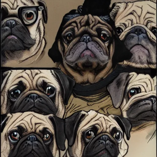 Prompt: self portrait showing family of pugs illustrated by yoji shinkawa, extra details, colored, 4 k, dynamic lighting