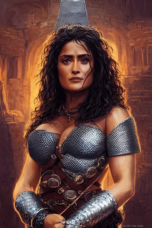 Image similar to portrait, Salma Hayek , barbarian , dressed in chain mail bikini armor, face portrait, raphael lacoste, eddie mendoza, alex ross, concept art, matte painting, highly detailed, rule of thirds, dynamic lighting, cinematic, detailed, denoised, centred