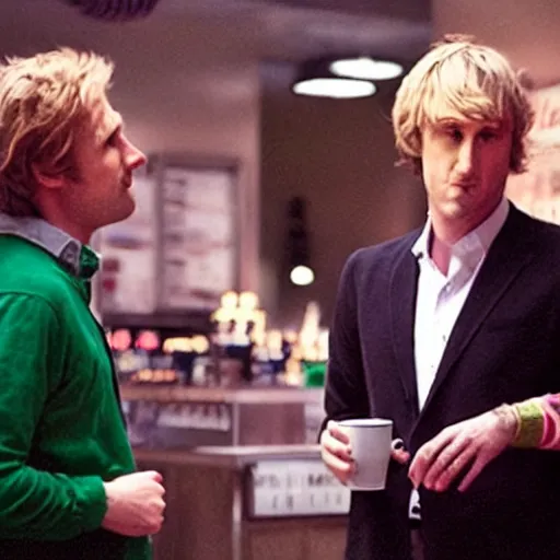 Image similar to still from a romantic comedy where Owen Wilson falls in love with Cthulhu, Elder God and Bringer of Madness. Owen Wilson plays a Starbucks barista down on his luck, while Cthulhu is the Elder God and Bringer of Insanity (tentacles and eyes that tear into your soul and bring unending frothing madness). Directed by Wes Anderson