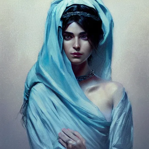 Image similar to a Photorealistic dramatic hyperrealistic render of an arab ameera al taweel, blue eyes, black hair, white veil,by WLOP,Artgerm,Greg Rutkowski,Alphonse Mucha, Beautiful dynamic dramatic dark moody lighting,shadows,cinematic atmosphere,Artstation,concept design art,Octane render,8K