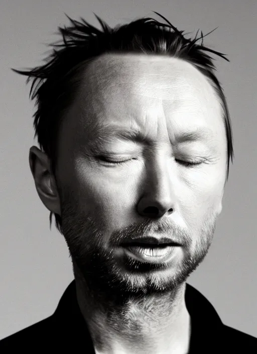 Image similar to A hyper realistic ultra realistic photograph of Thom Yorke with no eyes detailed photorealistic imagery 8k