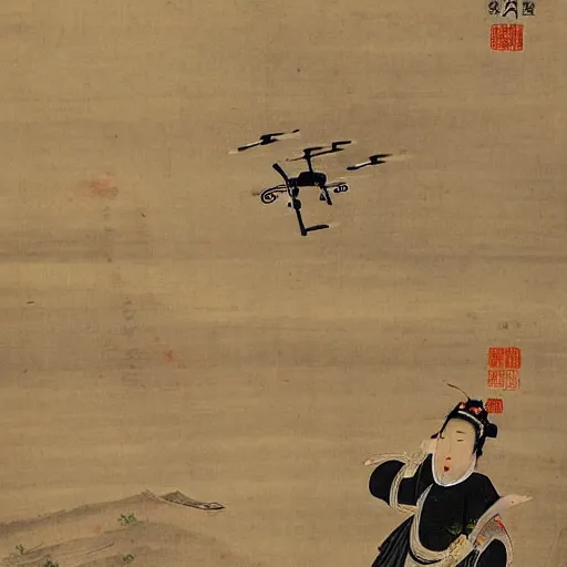 Image similar to the Chinese ancient painting of a lady flying a drone in Tang Dynasty , by Han Xizai