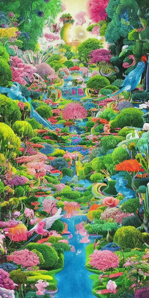 Image similar to bosch and beeple!!!!!!! ( ( ( ( ( ( ( and lisa frank ) ) ) ) ) ) ) painting of a magnificent garden filled with remarkable sculptures, trees, and structures, incredible details