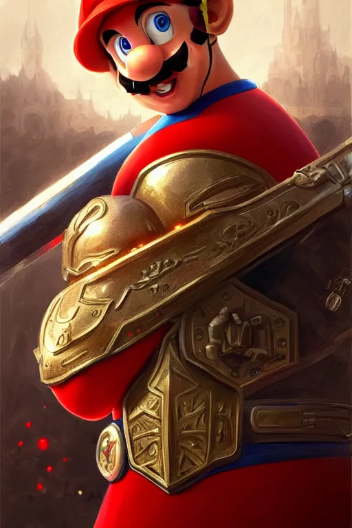 Image similar to vladimir putin as mario from super mario bros, armor plate, realistic portrait, symmetrical, highly detailed, digital painting, artstation, concept art, smooth, sharp focus, illustration, cinematic lighting, art by artgerm and greg rutkowski and alphonse mucha