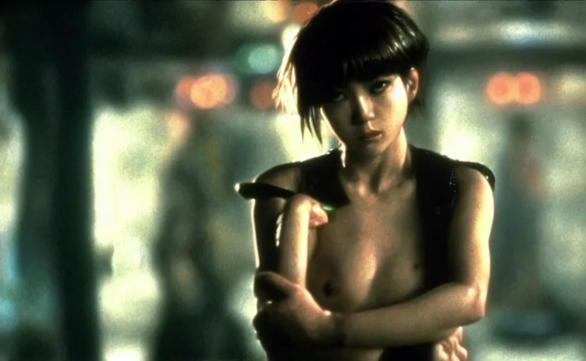 Prompt: movie still of motoko kusanagi as pris in bladerunner, directed by ridley scott, restraunt background