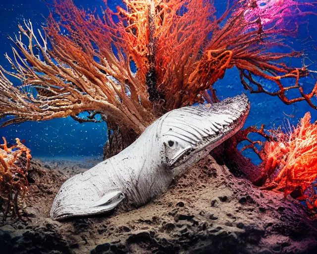 Prompt: complex whale creature scales gills and fins, semi-translucent armor mask, plastic sea wrapped implosion, marine, fishlike creature tree roots strangled, water splash, flowing, coral, glass debris pieces, dust particles, dramatic lighting, electronic wires, fire sparks, high resolution photo,