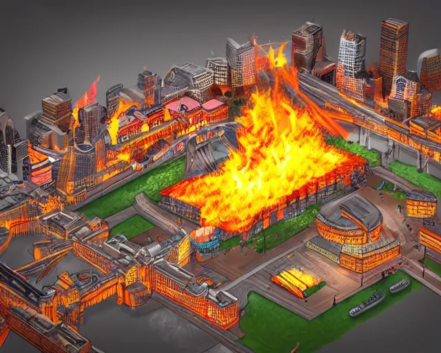 Prompt: 3 d art of london on fire, isometric, fire and smoke, air shot
