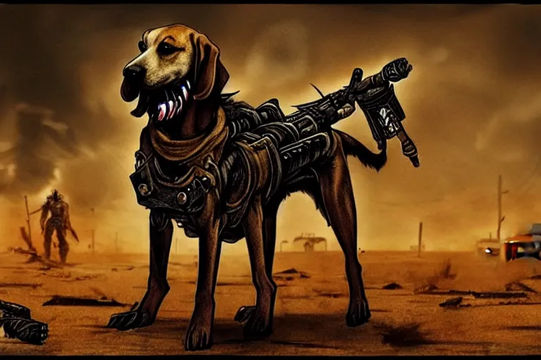 Image similar to a hound dog fursona ( from the furry fandom ), heavily armed and armored facing down armageddon in a dark and gritty version from the makers of mad max : fury road. witness me.